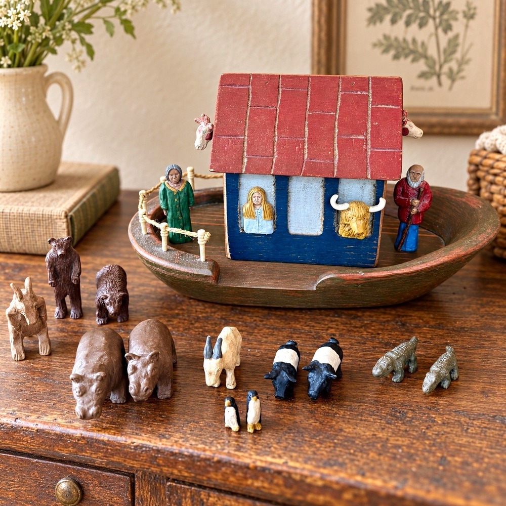 Vintage Wolf Creek Folk Art Noah's Ark Set Hand Carved Wood Signed Floora IA USA